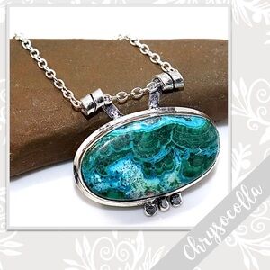 Chrysocolla Large Eclectic Silver Artisan Necklace, 18” (Green, Turquoise Blue)